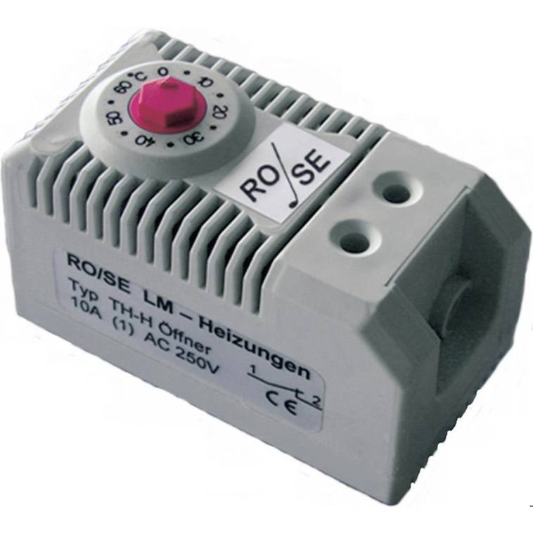 Schaltschrankheizungs-Thermostat TH-H 1 Öffner - Schraubklemme, Hutschiene, Temperaturbereich 0°C bis +60°C, Schaltstrom 10A, Schaltspannung 250V/AC, Thermobimetall Fühler - Rose LM